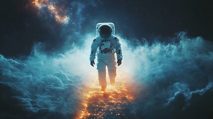 Wall Mural - an astronaut walking on a stardust bridge, its glowing edges blending seamlessly with the vast void 