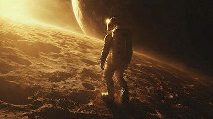 Wall Mural - an astronaut walking on the moon, the surface bathed in soft shadows and stark sunlight, earth loomi