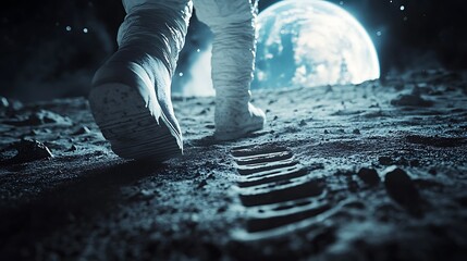 Wall Mural - an astronaut walking on the moon’s surface, their boots leaving tracks in the dust, earth glowing in