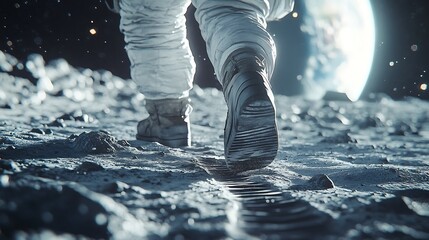 Wall Mural - an astronaut walking on the moon’s surface, their boots leaving tracks in the dust, earth glowing in