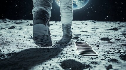 Wall Mural - an astronaut walking on the moon’s surface, their boots leaving tracks in the dust, earth glowing in