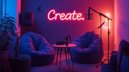 A casual podcast studio with cozy beanbag chairs, handheld microphones on a small table, and neon wall art spelling 