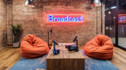 Poster - A bright and fun podcasting space featuring beanbag chairs, a neon-lit 