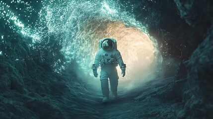 Wall Mural - an astronaut walking through a glowing alien cave, vibrant tendrils of bioluminescent light hanging 