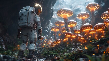 Wall Mural - an astronaut walking through an alien cave filled with glowing mushrooms, their light reflecting sof