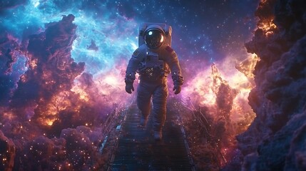 Wall Mural - an astronaut wandering on a shimmering stardust bridge surrounded by a sea of stars, colorful nebula