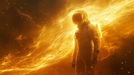 Wall Mural - an astronaut watching a rift in time, glowing threads of golden energy weaving through space, cinema
