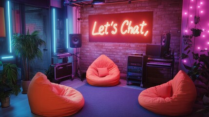 Poster - A chill podcasting environment with beanbag chairs, bright neon wall art reading 