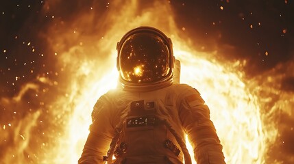 Wall Mural - an astronaut witnessing a massive black hole with glowing rays of cosmic energy radiating outward, t