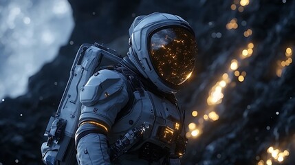 Wall Mural - an astronaut witnessing a massive black hole with glowing rays of cosmic energy radiating outward, t
