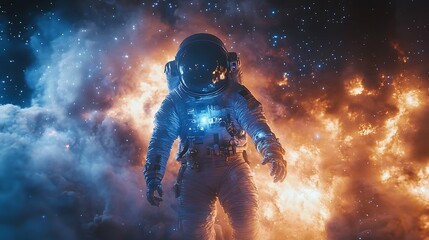Wall Mural - an astronaut witnessing a supernova, vibrant colors of blue and orange mixing in a massive explosion