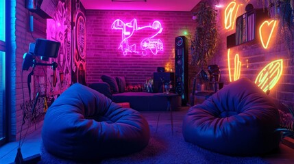 Poster - A cozy podcasting space with fluffy beanbag chairs, handheld microphones, and a backdrop of glowing neon graffiti art. Soft lighting sets the mood.