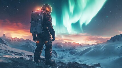Wall Mural - an astronaut witnessing colorful auroras swirling over an alien planet’s ice-capped poles, the atmos