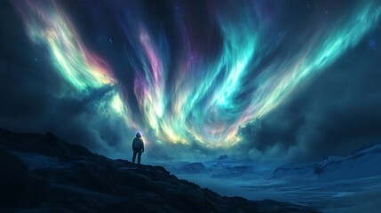 Wall Mural - an astronaut witnessing radiant auroras from the orbit of an alien planet, swirling light patterns i
