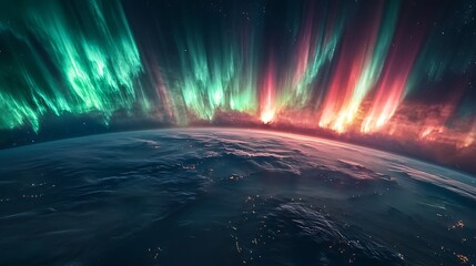 Wall Mural - an astronaut witnessing radiant auroras from the orbit of an alien planet, swirling light patterns i