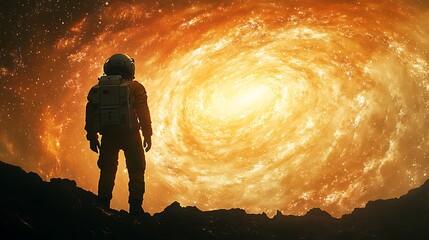 Wall Mural - a lone astronaut silhouetted against a massive galaxy, the swirling colors creating an ethereal glow