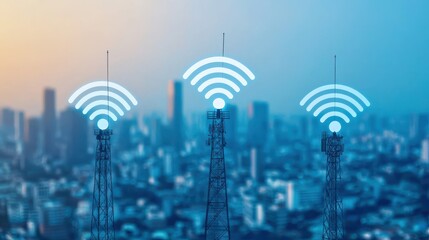 Poster - A skyline with communication towers displaying Wi-Fi signals, highlighting connectivity in a modern urban environment.