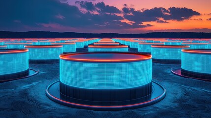 Wall Mural - futuristic landscape featuring illuminated circular structures against a vibrant sunset.