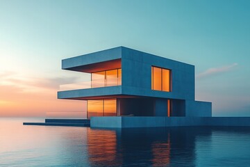 Wall Mural - Modern house, sunset ocean view, glass, concrete.