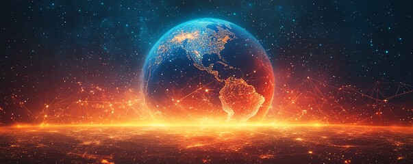 Poster - A glowing Earth surrounded by data flows, technology networks, and global statistics, representing the interconnectedness of the world through cyberspace and digital communication