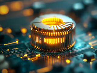 Aufkleber - A glowing metallic component on a circuit board, showcasing intricate details and vibrant lights, symbolizing advanced technology and innovation.