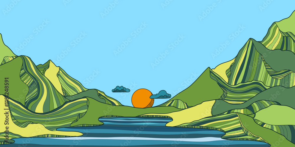 Elegant Mountain and River Line Art Background. Scenic black and white ...