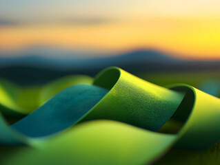 Aufkleber - A vibrant abstract scene featuring flowing green ribbons against a blurred sunset background, creating a serene and dynamic composition.