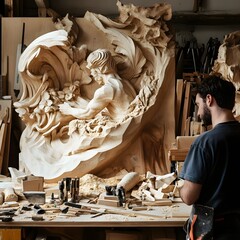 A photo of a man carving a wooden sculpture in a workshop with tools scattered around. 