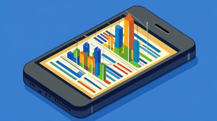 Poster - An illustration of a smartphone displaying colorful 3D bar charts and graphs, symbolizing data analysis and digital reporting.