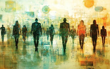 Aufkleber - An intricate web of interconnected people and machines, symbolizing the fusion of human and technological networks