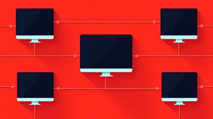 Poster - A digital illustration showing multiple computers connected by lines on a vibrant red background, symbolizing networking and communication.