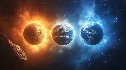 Wall Mural - three planets orbiting the earth dark blue background
