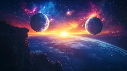 Wall Mural - three planets orbiting the earth dark blue background