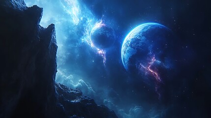 Wall Mural - three planets orbiting the earth dark blue background