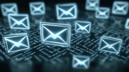 Poster - A futuristic representation of email icons glowing in a digital space, symbolizing modern communication technology.