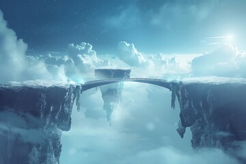 Wall Mural - Floating island bridge, snowy peaks, fantasy landscape.