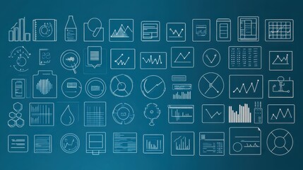 Poster - collection of various data visualization icons on a blue background, showcasing graphs, charts, and 