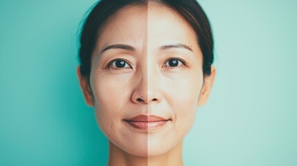 Woman's face is shown in two different stages, one with a tan and the other with a pale complexion. Concept of the importance of taking care of one's skin and the effects of sun exposure