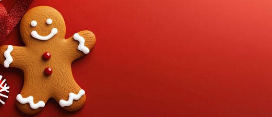 Wall Mural - Gingerbread man is smiling on a red background. The image is meant to evoke a sense of warmth and happiness associated with the holiday season