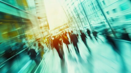 Poster -  Dynamic motion blur abstract of business professionals walking in a modern corporate office downtown, featuring a vibrant urban background and cinematic color tone for contemporary business and urban