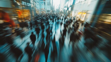 Poster -  Dynamic motion blur abstract of business professionals walking in a modern corporate office downtown, featuring a vibrant urban background and cinematic color tone for contemporary business and urban
