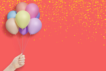 Aufkleber - Female hand holding bunch of shiny colorful balloons on red background with confetti. Empty space for text