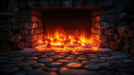 Canvas Print - Stone fireplace, burning logs, warm firelight.