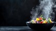 © Preecha - Dynamic shot of stir-fry ingredients in motion with steam, wok pan positioned against a clean background for text, balanced composition,