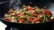© Preecha - Dynamic shot of stir-fry ingredients in motion with steam, wok pan positioned against a clean background for text, balanced composition,