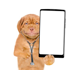 Aufkleber - Smiling Mastiff puppy wearing like a doctor with stethoscope on his neck showing big smartphone with white blank screen in it paw. isolated on white background