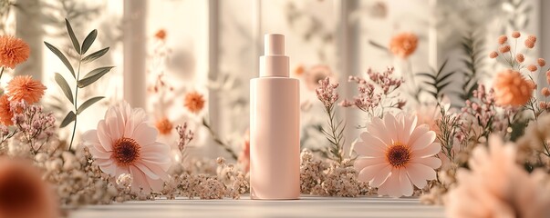 Poster - Cosmetic bottle mockup in a creative 3D composition with organic elements like flowers, leaves, and natural textures, ideal for skincare or makeup product showcases