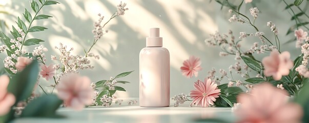 Poster - Cosmetic bottle mockup in a creative 3D composition with organic elements like flowers, leaves, and natural textures, ideal for skincare or makeup product showcases