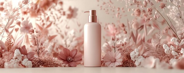 Poster - Cosmetic bottle mockup in a creative 3D composition with organic elements like flowers, leaves, and natural textures, ideal for skincare or makeup product showcases