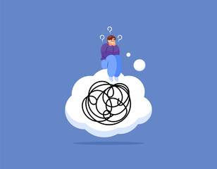 concept of problems and thoughts. having problems. complicated, stress, depression, frustration, crisis. mental and psychological. illustration of a man sitting confused. flat style design. elements